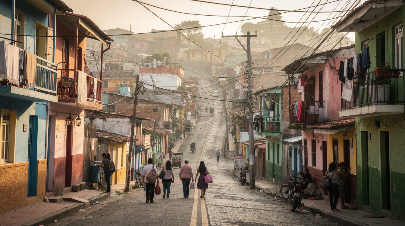 Narrow hillside street with colorful houses and hanging cables